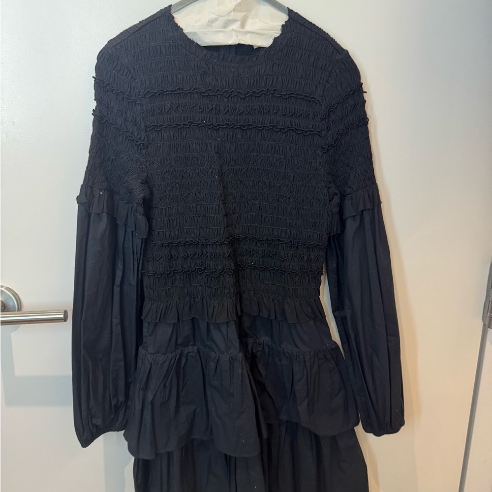 Ulla Johnson Black Smocked Long Sleeve Dress